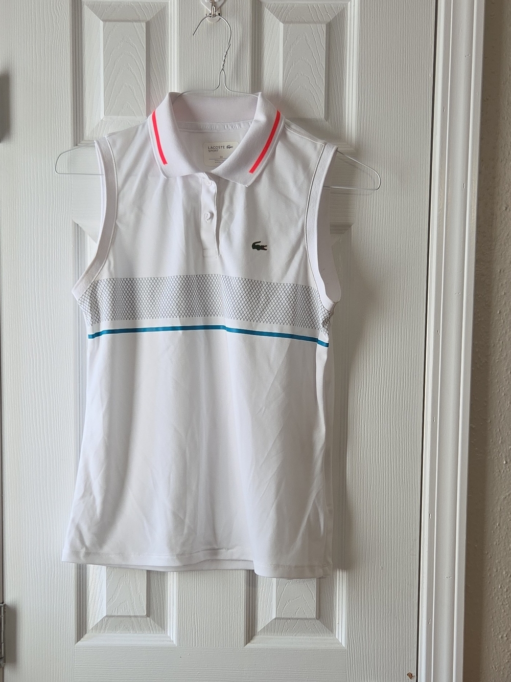 Lacoste White Sleeveless Polo Tank with Coral Trim and Teal Stripe 38